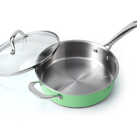 HOMICHEF 9.5 Inch Vibrant Mint Green Nickel Free Stainless Steel Saute Pan with Glass Lid - 2.5 Quart Non Toxic Deep Fring Pan for Induction Cooktop Oven Safe