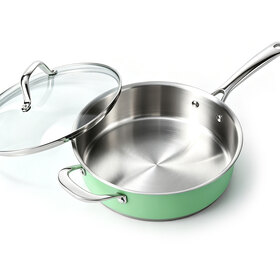 HOMICHEF 10 Inch Mint Green Nickel Free Stainless Steel Saute Pan Induction Oven Safe - Premium Matte Polished Stainless Steel Pan With Glass Lid